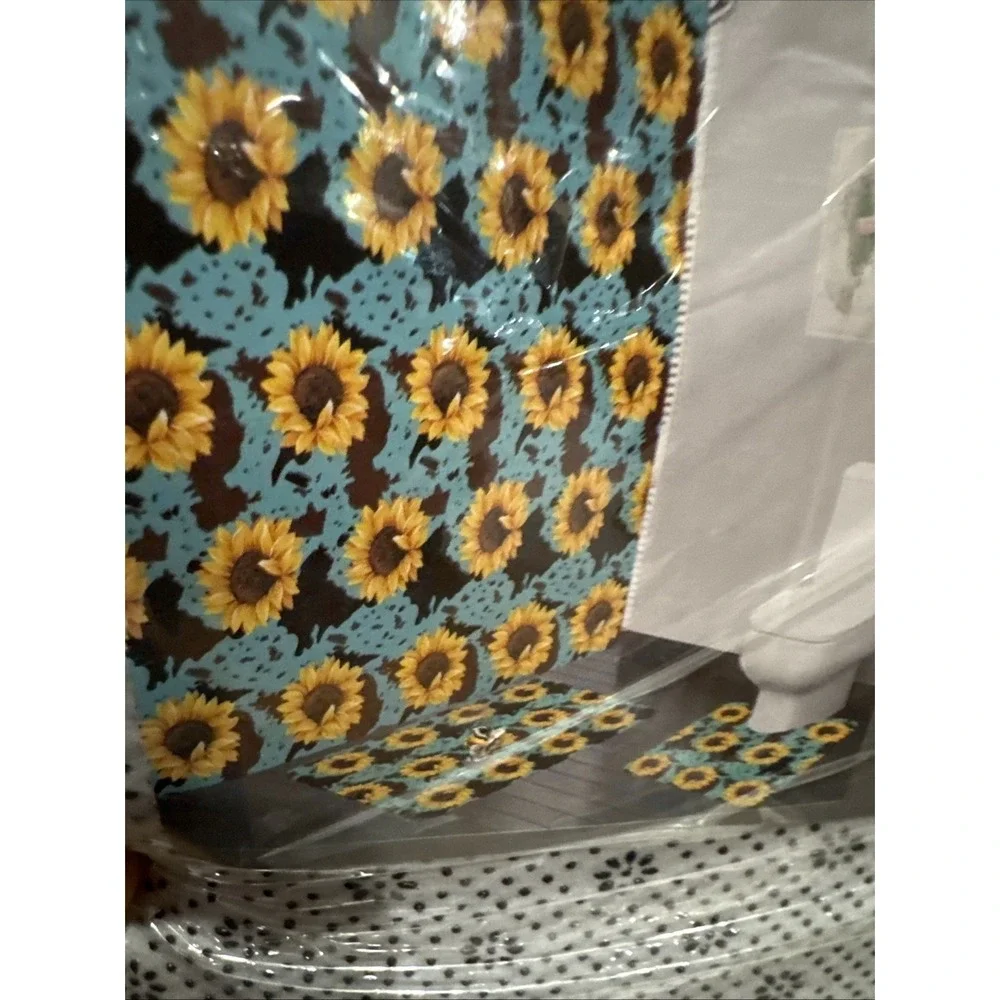 15pc Sunflowers Shower Curtain Set Bath Mat, Toilet Mat, Rings, Curtain NEW